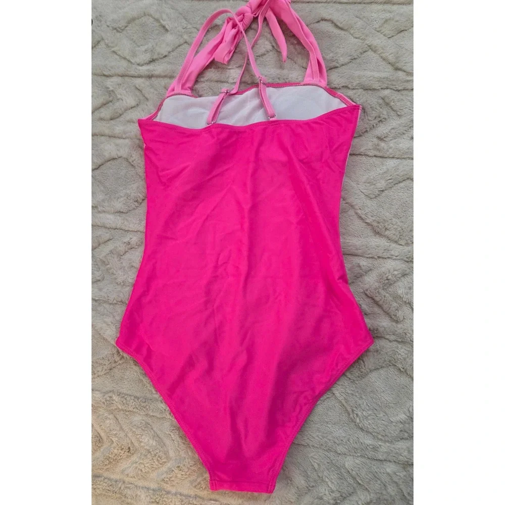 Donwen Girls Hot Pink Ruched One Piece Swimsuit Halter Neck Size 13-14Y NEW